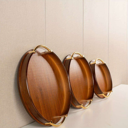 Chic Round Bamboo and Wood Serving Tray with Sturdy Metal Handle - Space-Saving Stackable Ottoman for Home Style..