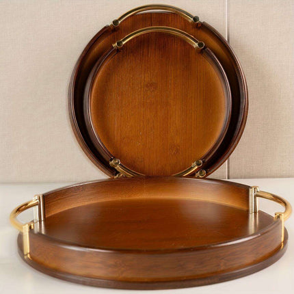 Chic Round Bamboo and Wood Serving Tray with Sturdy Metal Handle - Space-Saving Stackable Ottoman for Home Style..