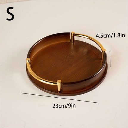 Chic Round Bamboo and Wood Serving Tray with Sturdy Metal Handle - Space-Saving Stackable Ottoman for Home Style..