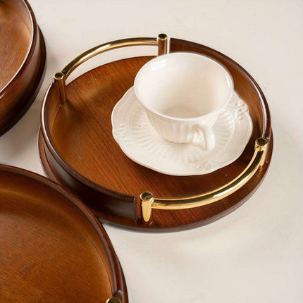 Chic Round Bamboo and Wood Serving Tray with Sturdy Metal Handle - Space-Saving Stackable Ottoman for Home Style..