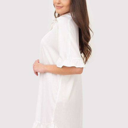 Chic Ruffle-Accented Shirt Dress with Gold Button Details and Timeless Collar - Très Elite