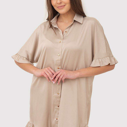 Chic Ruffle-Accented Shirt Dress with Gold Button Details and Timeless Collar