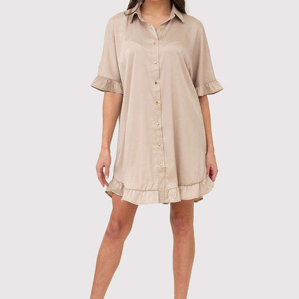 Chic Ruffle-Accented Shirt Dress with Gold Button Details and Timeless Collar - Très Elite