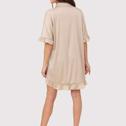 Chic Ruffle-Accented Shirt Dress with Gold Button Details and Timeless Collar - Très Elite