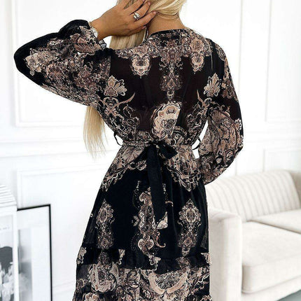 Chic Ruffle Chiffon Cocktail Dress with Belt and Envelope Neckline - Très Elite