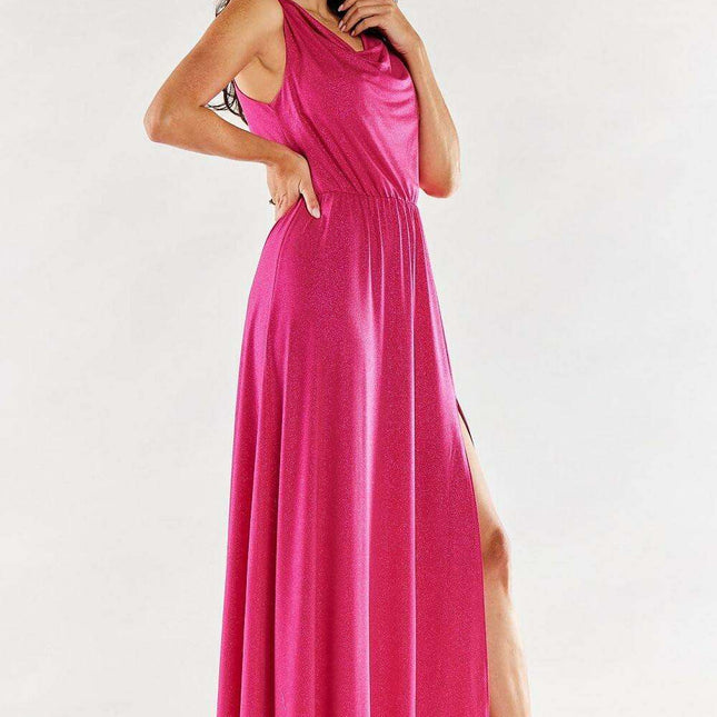 Chic Ruffle Neckline Maxi Gown with Sensational Side Slit - Polish Elegance
