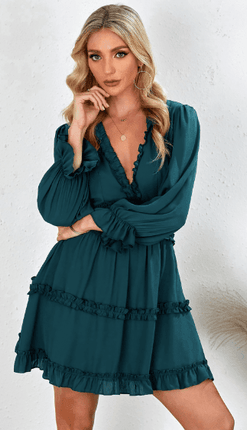 Chic Ruffle V Neck Dress with Open Back for All-Day Elegance - Très Elite