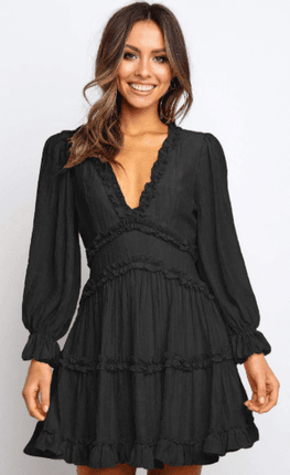 Chic Ruffle V Neck Dress with Open Back for All-Day Elegance - Très Elite