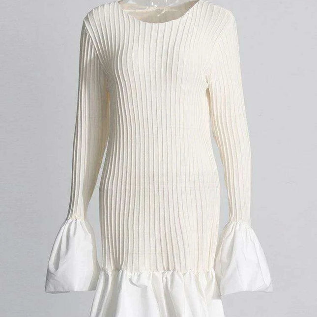 Chic Ruffled Long Sleeve Knit Dress with Asymmetrical Hem and High Waist for Women