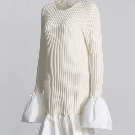 Chic Ruffled Long Sleeve Knit Dress with Asymmetrical Hem and High Waist for Women - Très Elite