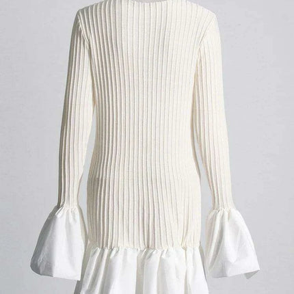 Chic Ruffled Long Sleeve Knit Dress with Asymmetrical Hem and High Waist for Women - Très Elite