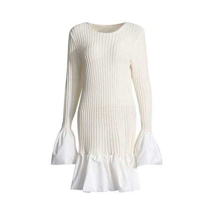 Chic Ruffled Long Sleeve Knit Dress with Asymmetrical Hem and High Waist for Women