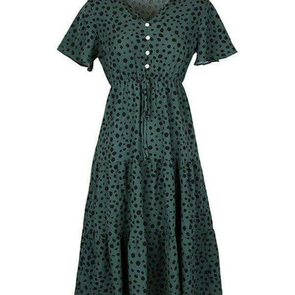 Chic Short-Sleeve Polka Dot V-Neck Dress: Stylish Spring-Summer Apparel for Women - Très Elite