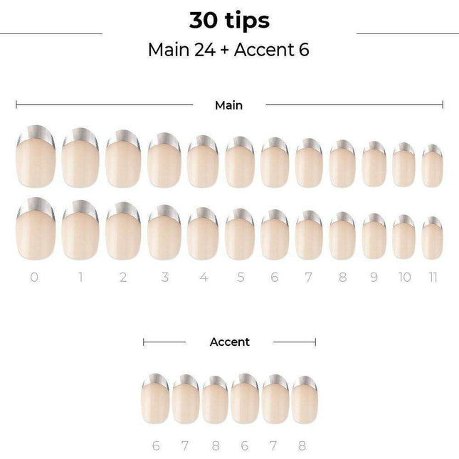 Chic Silver French Gel Nail Kit - 30 Nails with Prep Pad & Tools