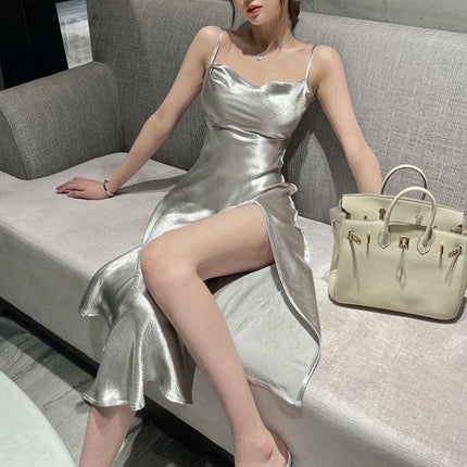 Chic Silver Satin Maxi Dress with High Slit - Elegant Sleeveless Sundress- Très Elite- Très Elite