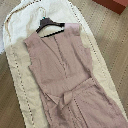 Chic Sleeveless Linen Summer Dress with Elegant Long Skirt and Waist Detail - Très Elite