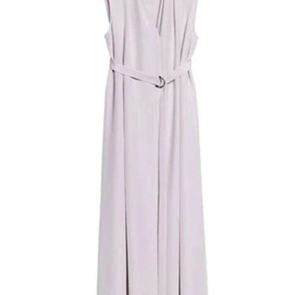 Chic Sleeveless Silk V-Neck Dress with Pleated Waistband Design