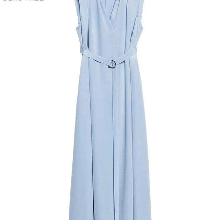 Chic Sleeveless Silk V-Neck Dress with Pleated Waistband Design..