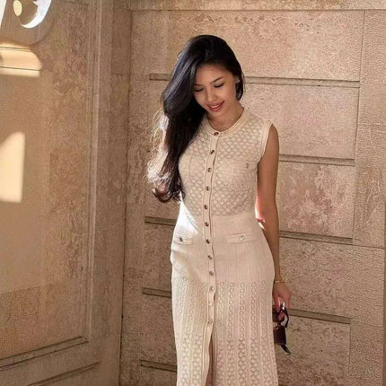 Chic Sleeveless White Hollow Knit Dress for Women - Relaxed Fit, O-Neck, Single-Breasted Style for Office and Casual