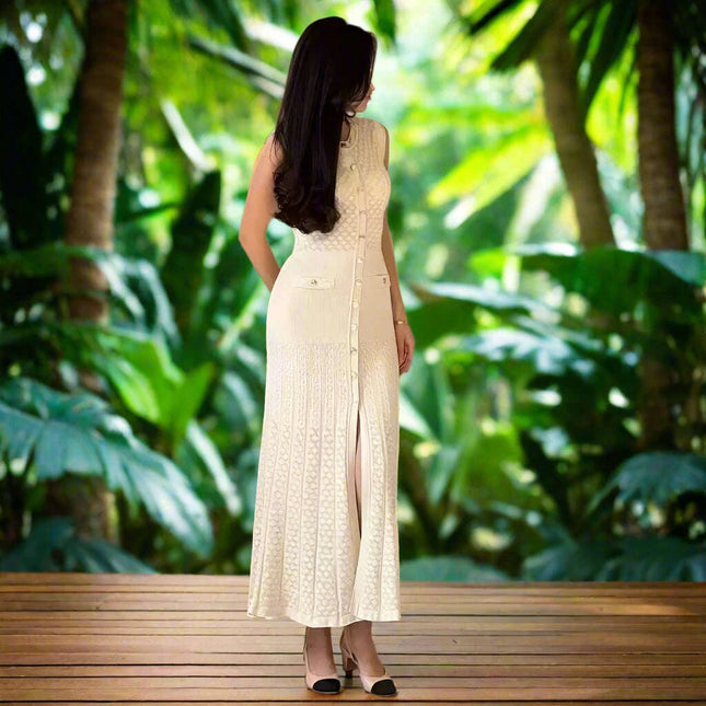 Chic Sleeveless White Hollow Knit Dress for Women - Relaxed Fit, O-Neck, Single-Breasted Style for Office and Casual