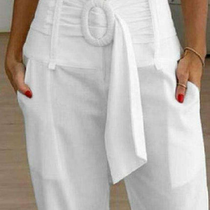 Chic Solid Color Cropped Trousers in Linen and Cotton Blend for Women