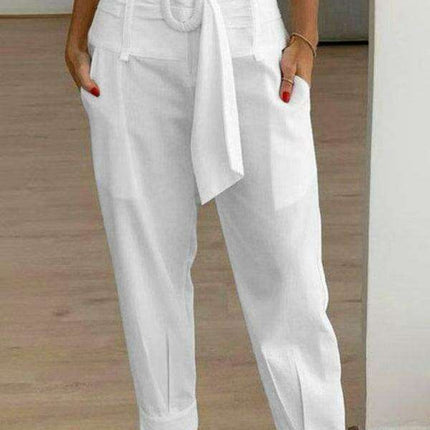 Chic Solid Color Cropped Trousers in Linen and Cotton Blend for Women