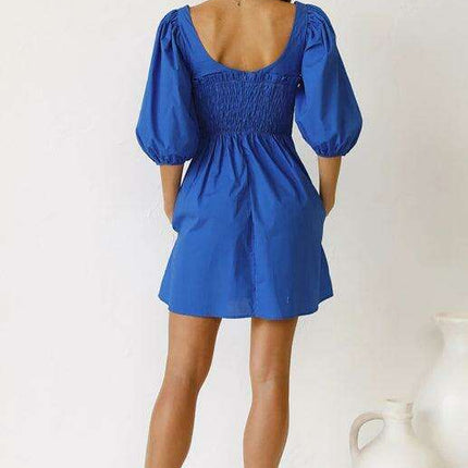 Chic Solid Color Polyester Dress with Lantern Sleeves for Women - Très Elite
