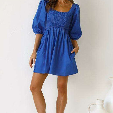 Chic Solid Color Polyester Dress with Lantern Sleeves for Women - Très Elite
