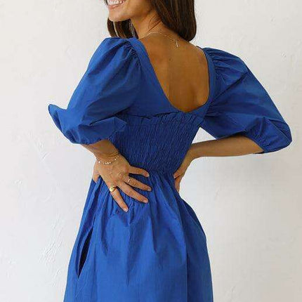 Chic Solid Color Polyester Dress with Lantern Sleeves for Women - Très Elite