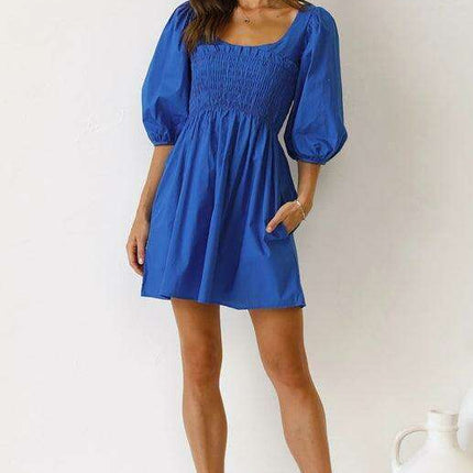 Chic Solid Color Polyester Dress with Lantern Sleeves for Women - Très Elite