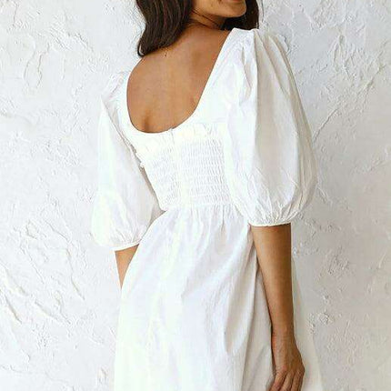 Chic Solid Color Polyester Dress with Lantern Sleeves for Women - Très Elite
