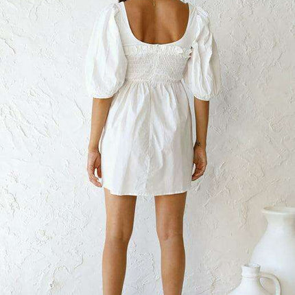 Chic Solid Color Polyester Dress with Lantern Sleeves for Women - Très Elite