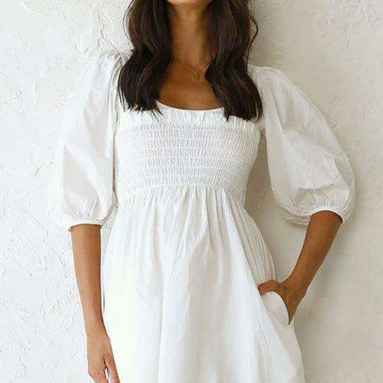 Chic Solid Color Polyester Dress with Lantern Sleeves for Women - Très Elite