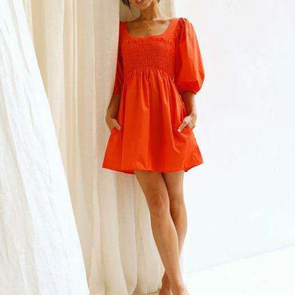 Chic Solid Color Polyester Dress with Lantern Sleeves for Women - Très Elite