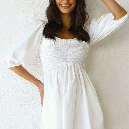 Chic Solid Color Polyester Dress with Lantern Sleeves for Women - Très Elite