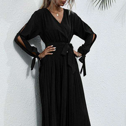 Chic Solid Color V-Neck Dress with Petal Sleeves - Essential for Women's Wardrobe - Très Elite