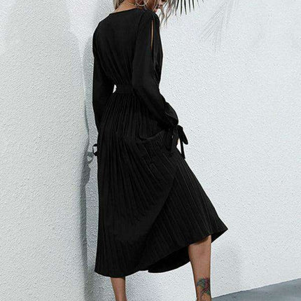 Chic Solid Color V-Neck Dress with Petal Sleeves - Essential for Women's Wardrobe - Très Elite