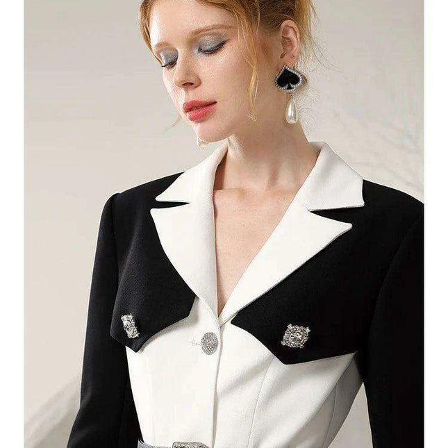 Chic Spring Black and White Business Suit Dress with Niche Waist Design