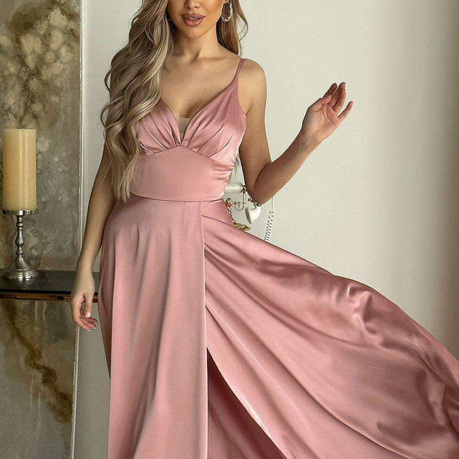 Chic Strappy Satin Evening Gown with Elegant Cut-Out Design and Flowing Skirt
