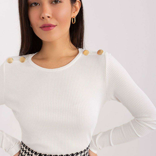 Chic Striped Cotton Blouse with Decorative Shoulder Buttons