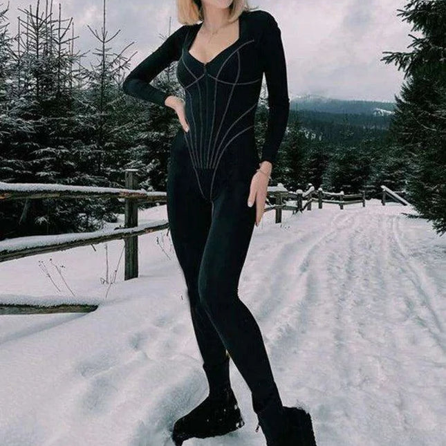 Chic Striped Long Sleeve Women's Jumpsuit with Deep V Neck and Zipper Closure