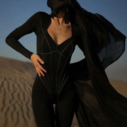 Chic Striped Long Sleeve Women's Jumpsuit with Deep V Neck and Zipper Closure - Très Elite