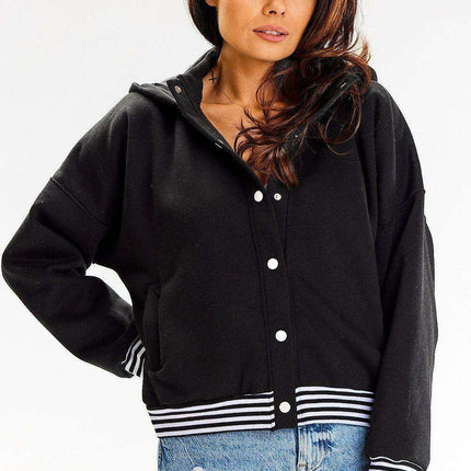 Chic Striped Ribbed Hooded Bomber Sweatshirt with Elegant White Snap Fasteners