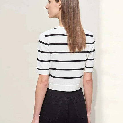Chic Striped Summer Knit Blouse for Women - Short-Sleeve Slim Fit - Très Elite