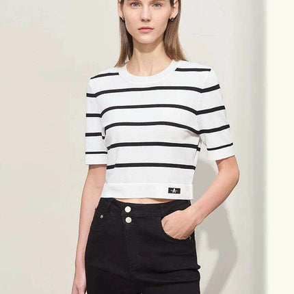 Chic Striped Summer Knit Blouse for Women - Short-Sleeve Slim Fit - Très Elite