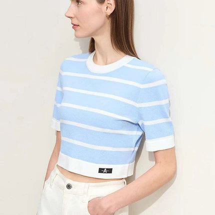 Chic Striped Summer Knit Blouse for Women - Short-Sleeve Slim Fit - Très Elite
