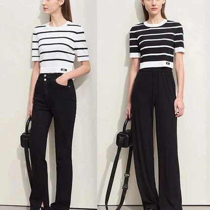Chic Striped Summer Knit Blouse for Women - Short-Sleeve Slim Fit - Très Elite