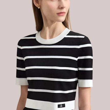 Chic Striped Summer Knit Blouse for Women - Short-Sleeve Slim Fit - Très Elite