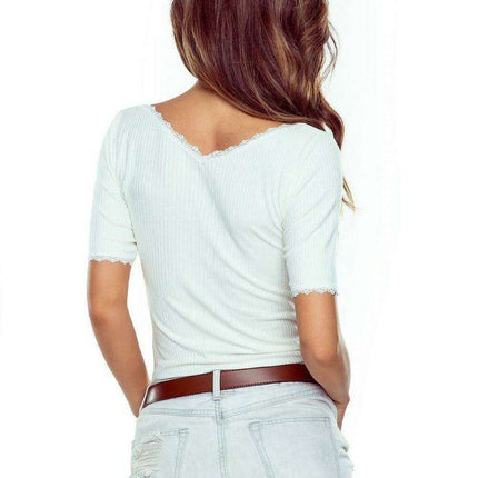 Chic Striped V-Neck Blouse with Lace Trim - Très Elite