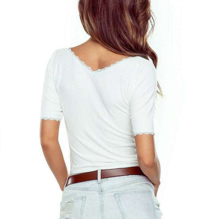 Chic Striped V-Neck Blouse with Lace Trim - Très Elite